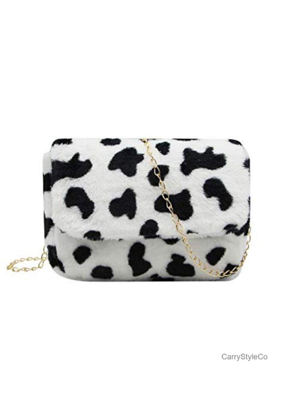 Faux Fur Fluffy Plush Shoulder Bag Leopard Cow Print Clutch Wristlet with Chain